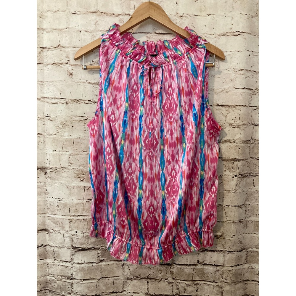 Violet & Claire Top Womens XL Pink Watercolor Satin Ruffle Neck Tie‎ Flowy Ikat